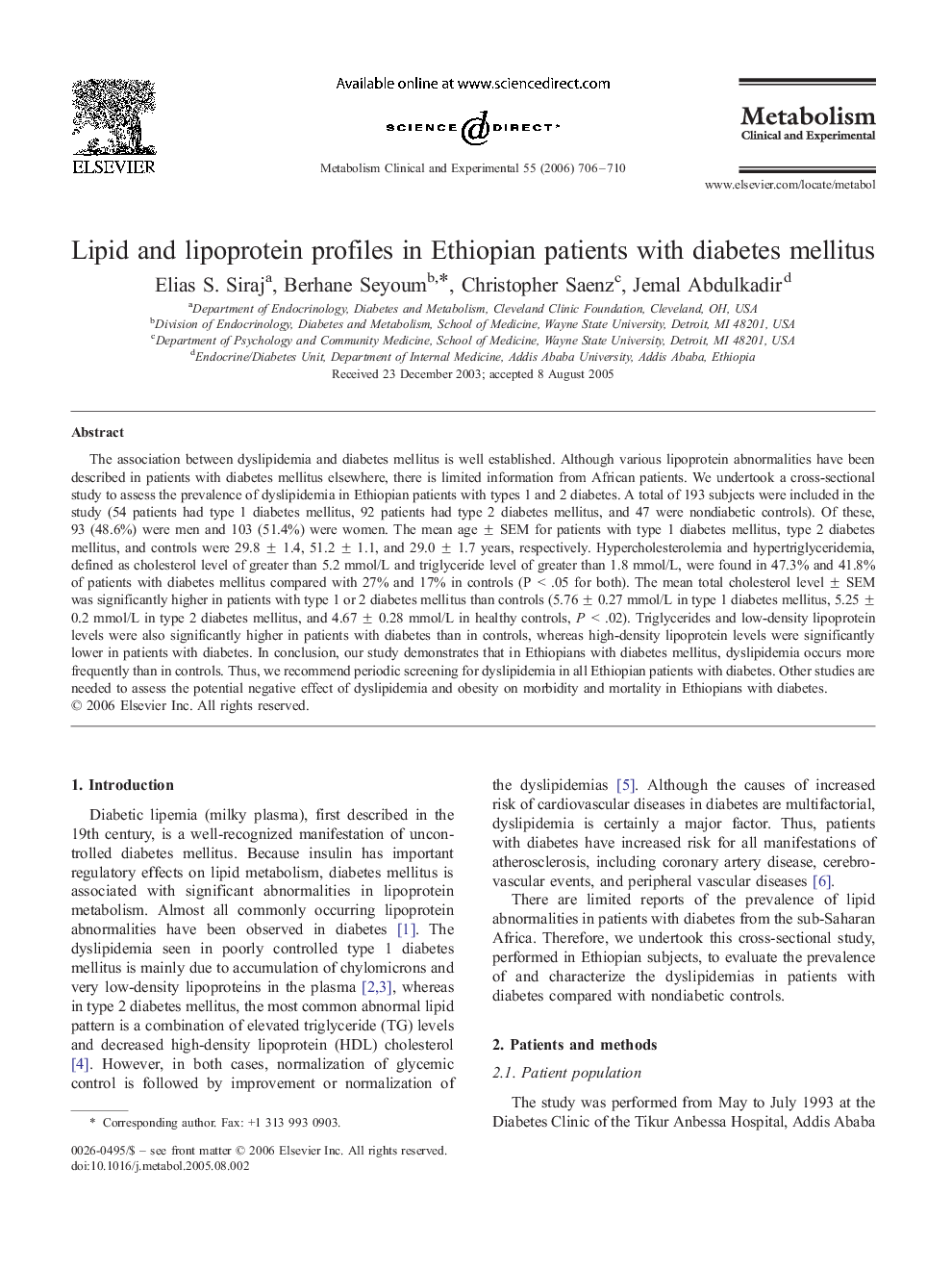 عکس صفحه اول مقاله: Lipid and lipoprotein profiles in Ethiopian patients with diabetes mellitus Lipid and lipoprotein profiles in Ethiopian patients with diabetes mellitus