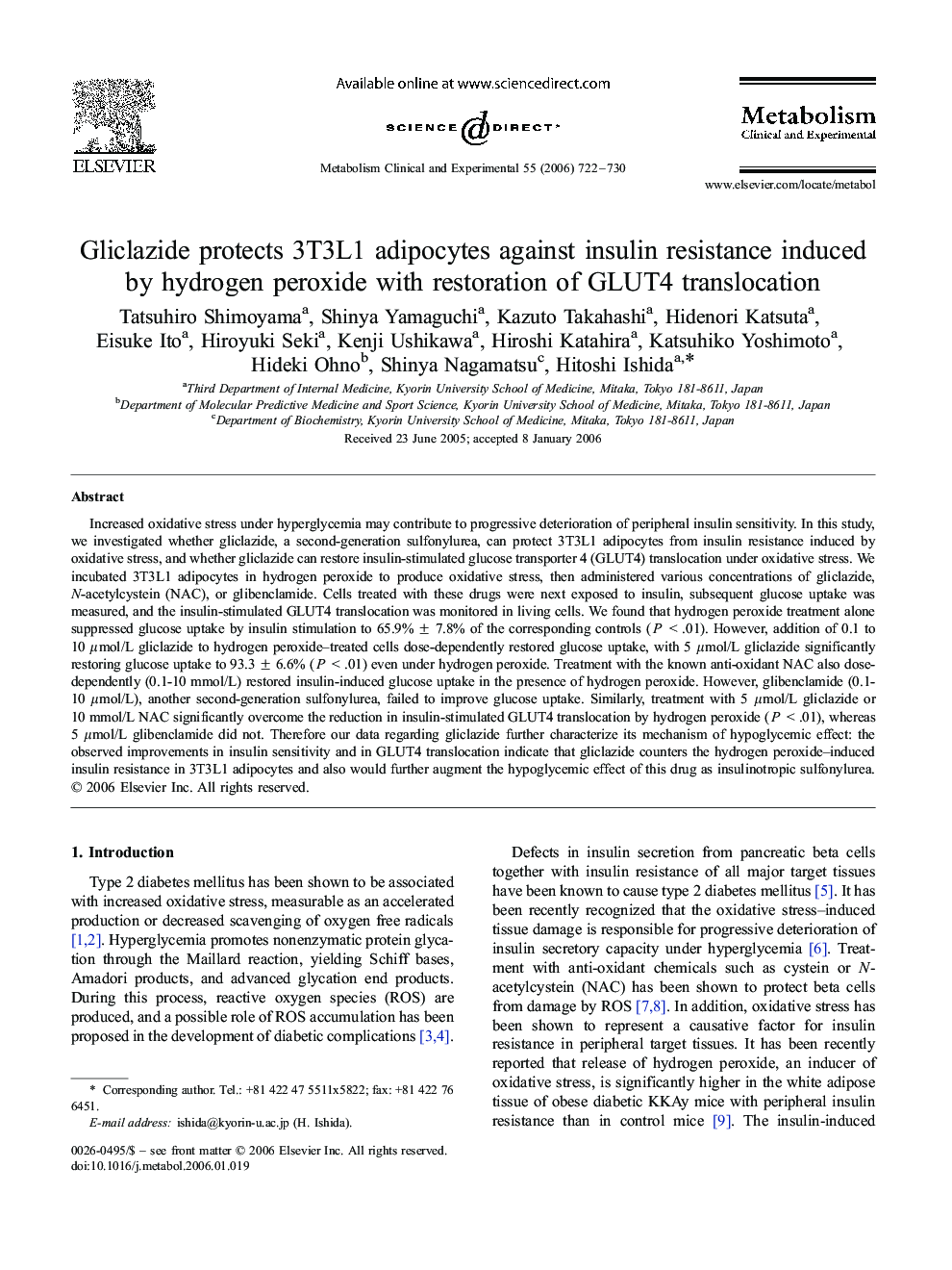 عکس صفحه اول مقاله: Gliclazide protects 3T3L1 adipocytes against insulin resistance induced by hydrogen peroxide with restoration of GLUT4 translocation Gliclazide protects 3T3L1 adipocytes against insulin resistance induced by hydrogen peroxide with restoration of GLUT4 translocation