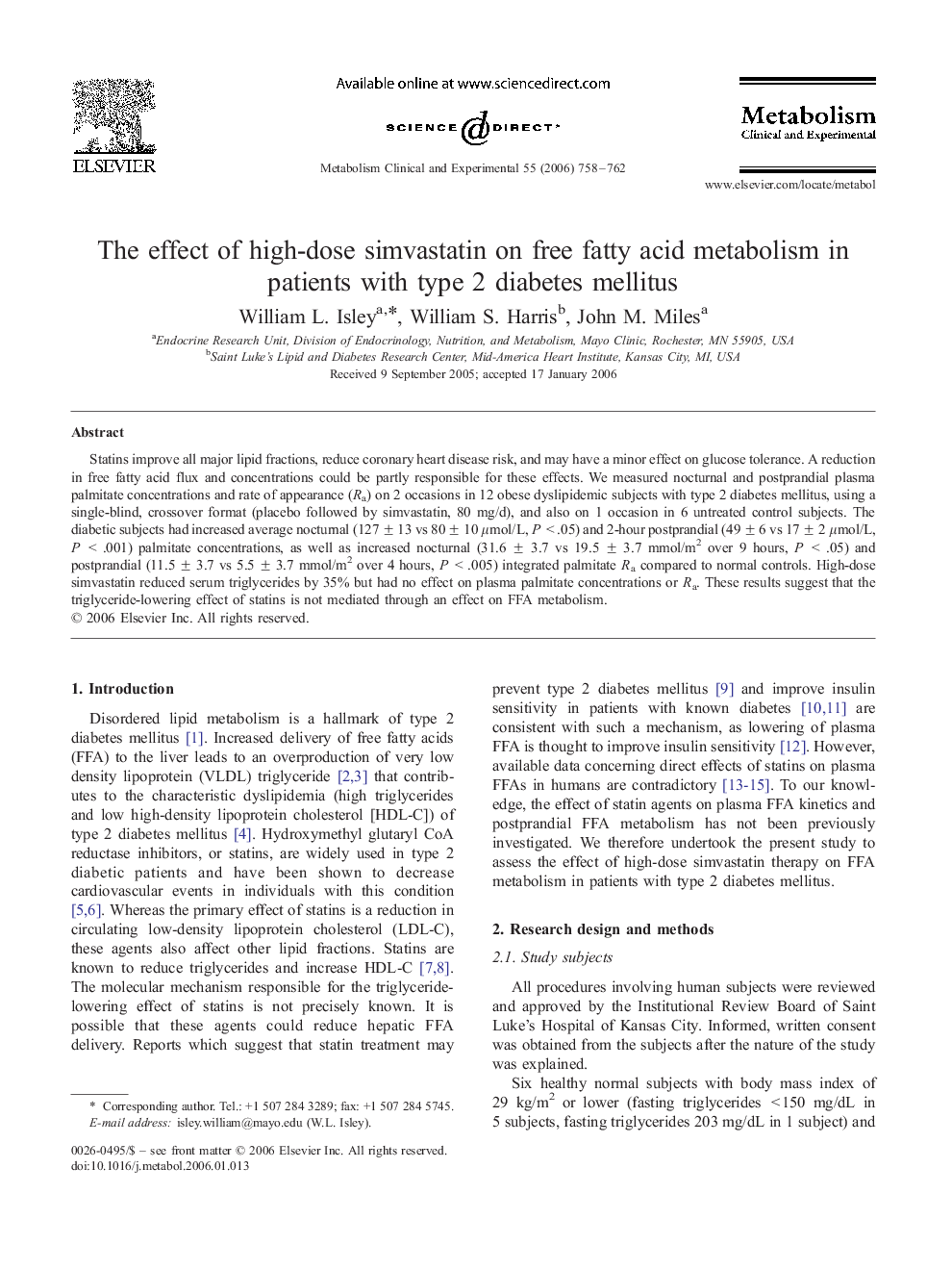 The effect of high-dose simvastatin on free fatty acid metabolism in patients with type 2 diabetes mellitus