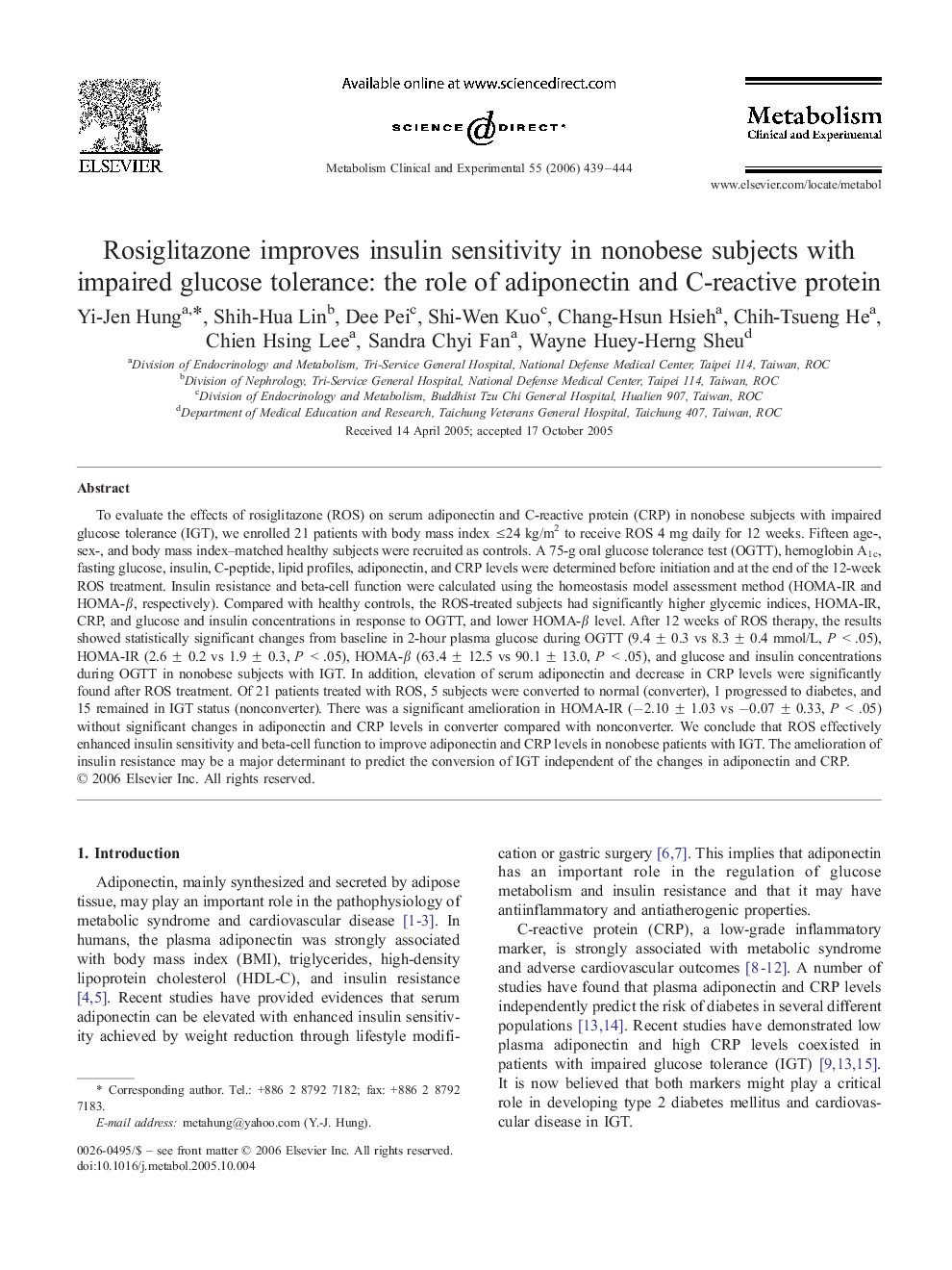 عکس صفحه اول مقاله: Rosiglitazone improves insulin sensitivity in nonobese subjects with impaired glucose tolerance: the role of adiponectin and C-reactive protein Rosiglitazone improves insulin sensitivity in nonobese subjects with impaired glucose tolerance: the role of adiponectin and C-reactive protein