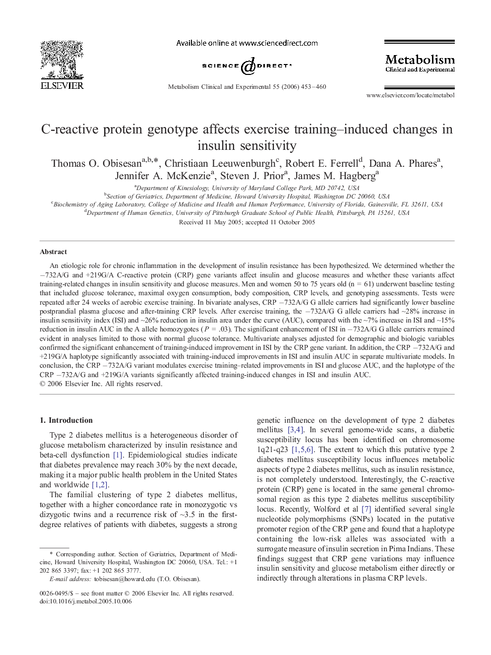 C-reactive protein genotype affects exercise training–induced changes in insulin sensitivity