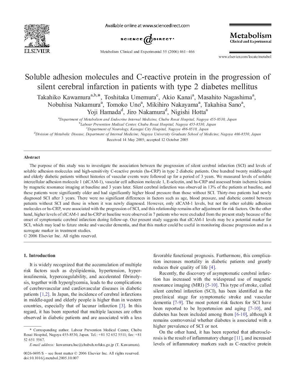 Soluble adhesion molecules and C-reactive protein in the progression of silent cerebral infarction in patients with type 2 diabetes mellitus