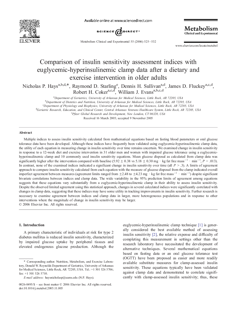 عکس صفحه اول مقاله: Comparison of insulin sensitivity assessment indices with euglycemic-hyperinsulinemic clamp data after a dietary and exercise intervention in older adults Comparison of insulin sensitivity assessment indices with euglycemic-hyperinsulinemic clamp data after a dietary and exercise intervention in older adults