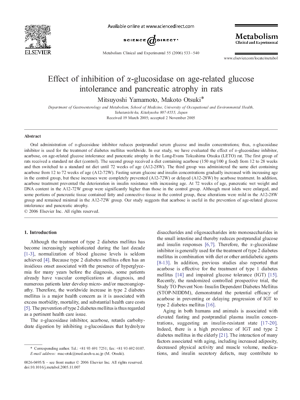 Effect of inhibition of α-glucosidase on age-related glucose intolerance and pancreatic atrophy in rats