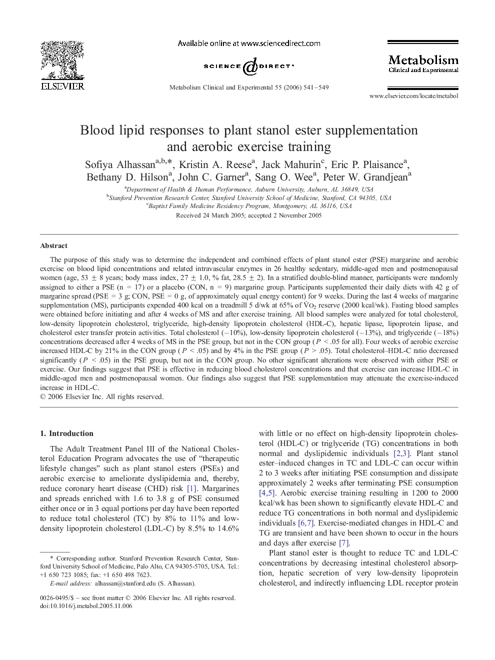 عکس صفحه اول مقاله: Blood lipid responses to plant stanol ester supplementation and aerobic exercise training Blood lipid responses to plant stanol ester supplementation and aerobic exercise training