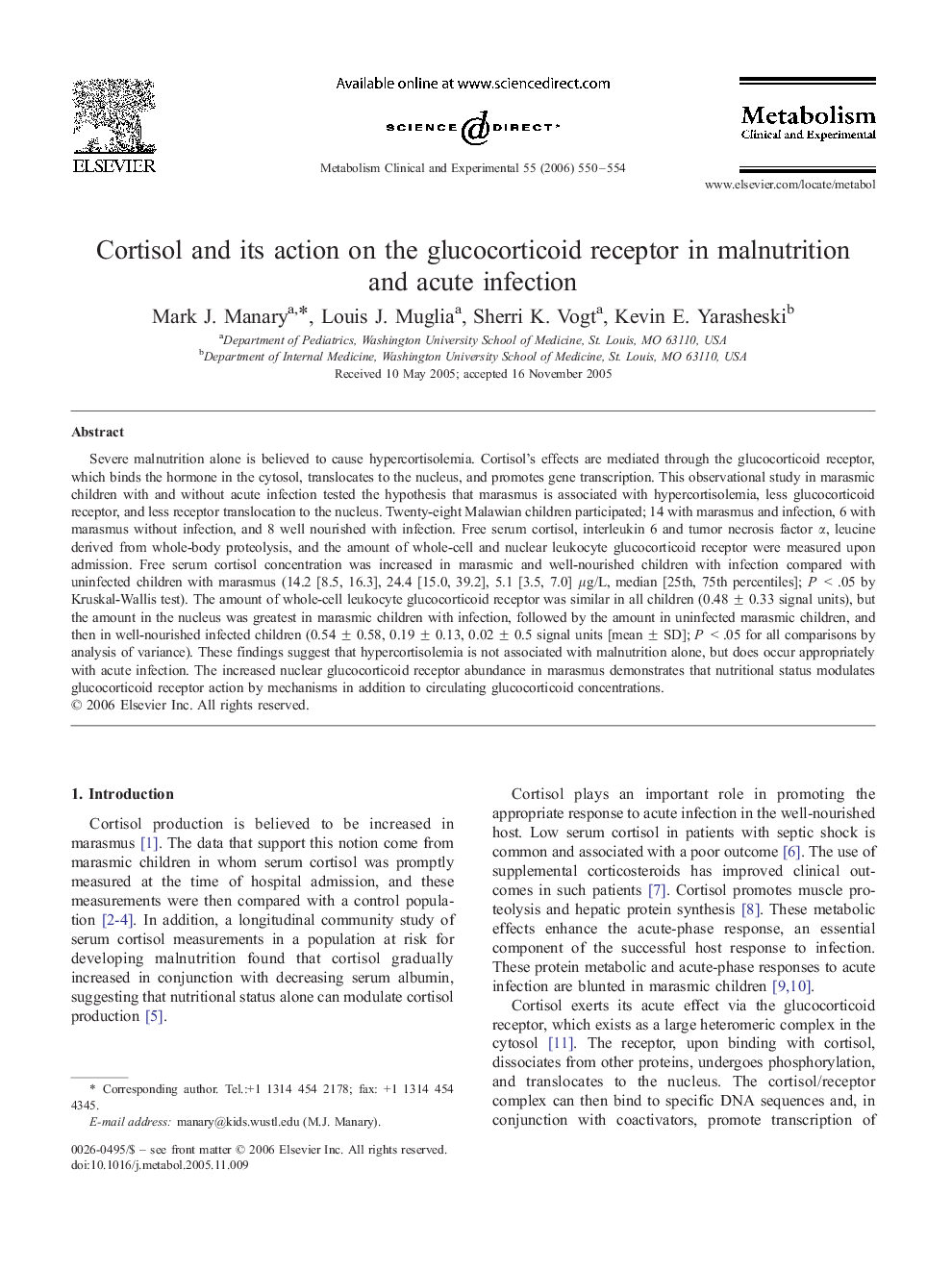 Cortisol and its action on the glucocorticoid receptor in malnutrition and acute infection