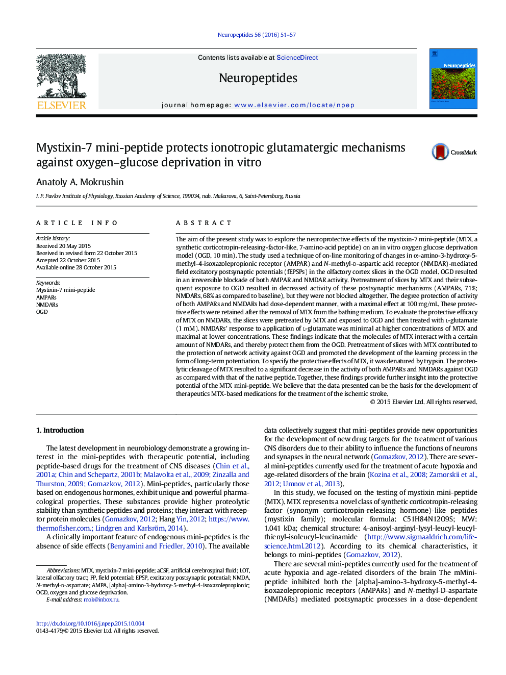 Mystixin-7 mini-peptide protects ionotropic glutamatergic mechanisms against oxygen–glucose deprivation in vitro