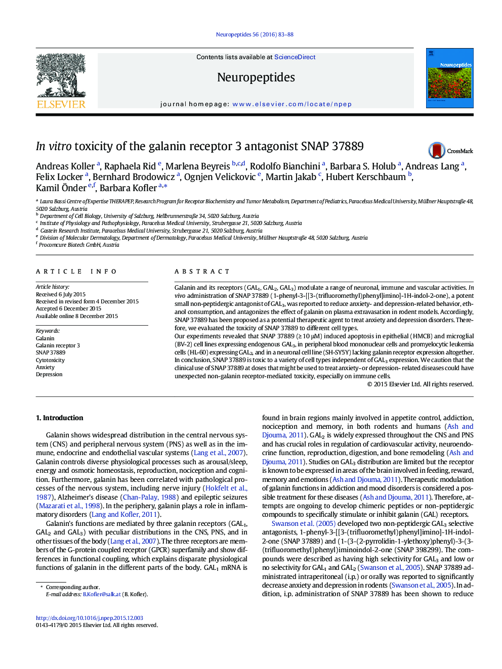 In vitro toxicity of the galanin receptor 3 antagonist SNAP 37889