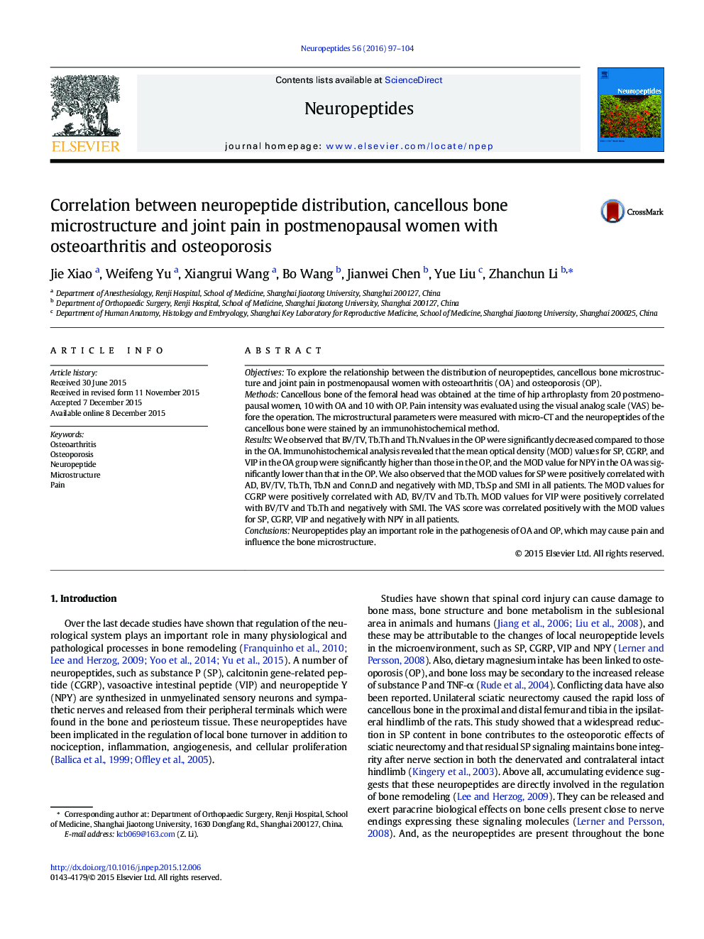 Correlation between neuropeptide distribution, cancellous bone microstructure and joint pain in postmenopausal women with osteoarthritis and osteoporosis