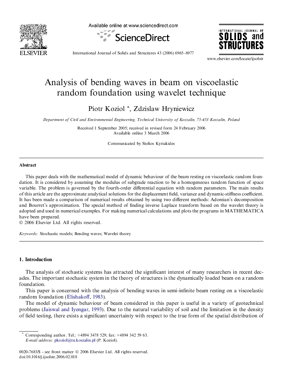 Analysis of bending waves in beam on viscoelastic random foundation using wavelet technique