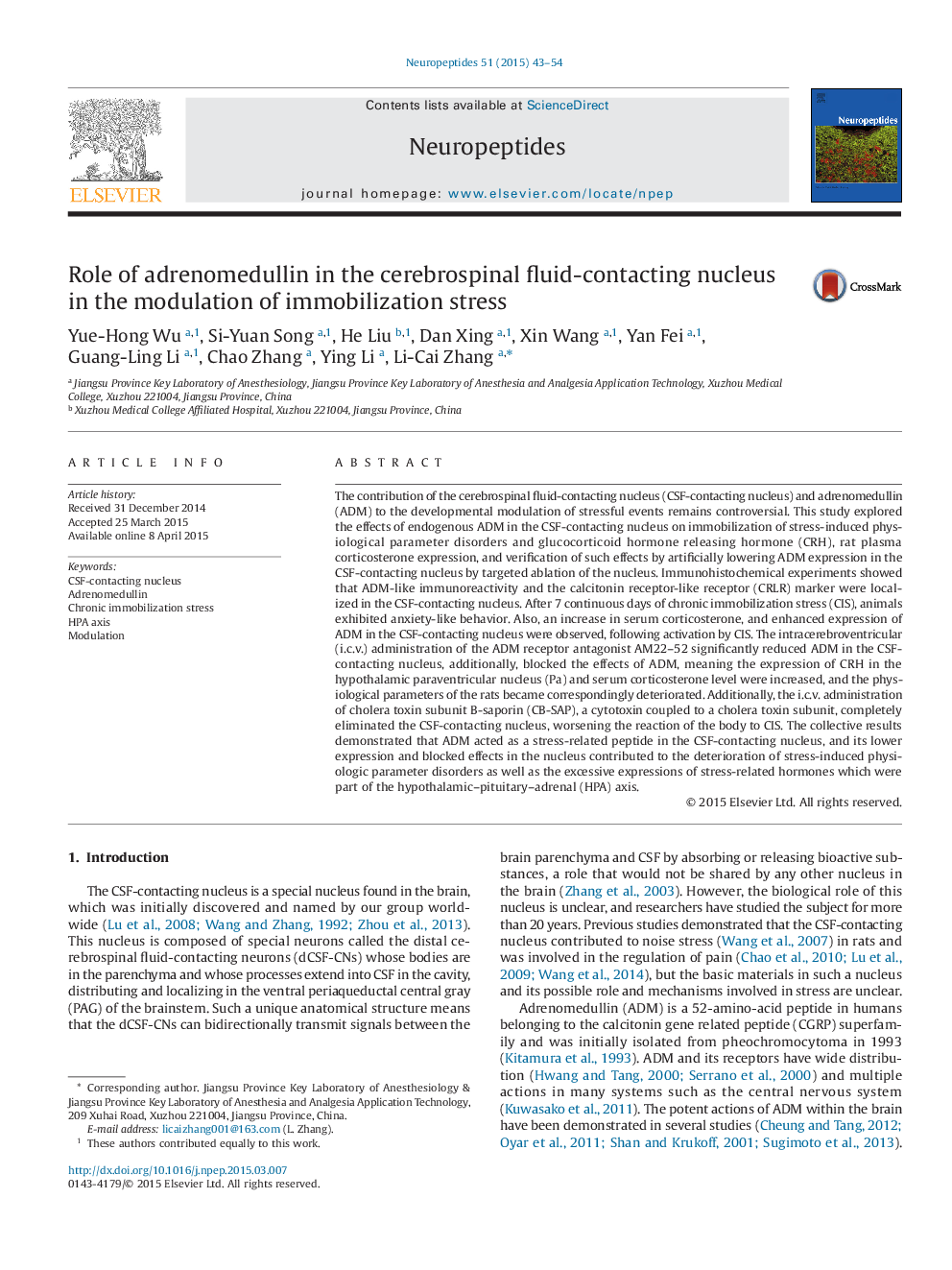 Role of adrenomedullin in the cerebrospinal fluid-contacting nucleus in the modulation of immobilization stress