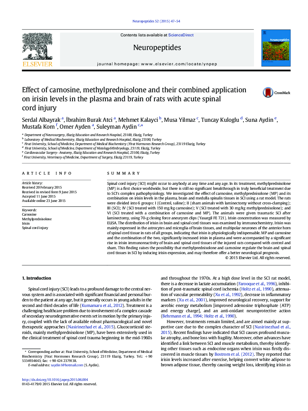 Effect of carnosine, methylprednisolone and their combined application on irisin levels in the plasma and brain of rats with acute spinal cord injury