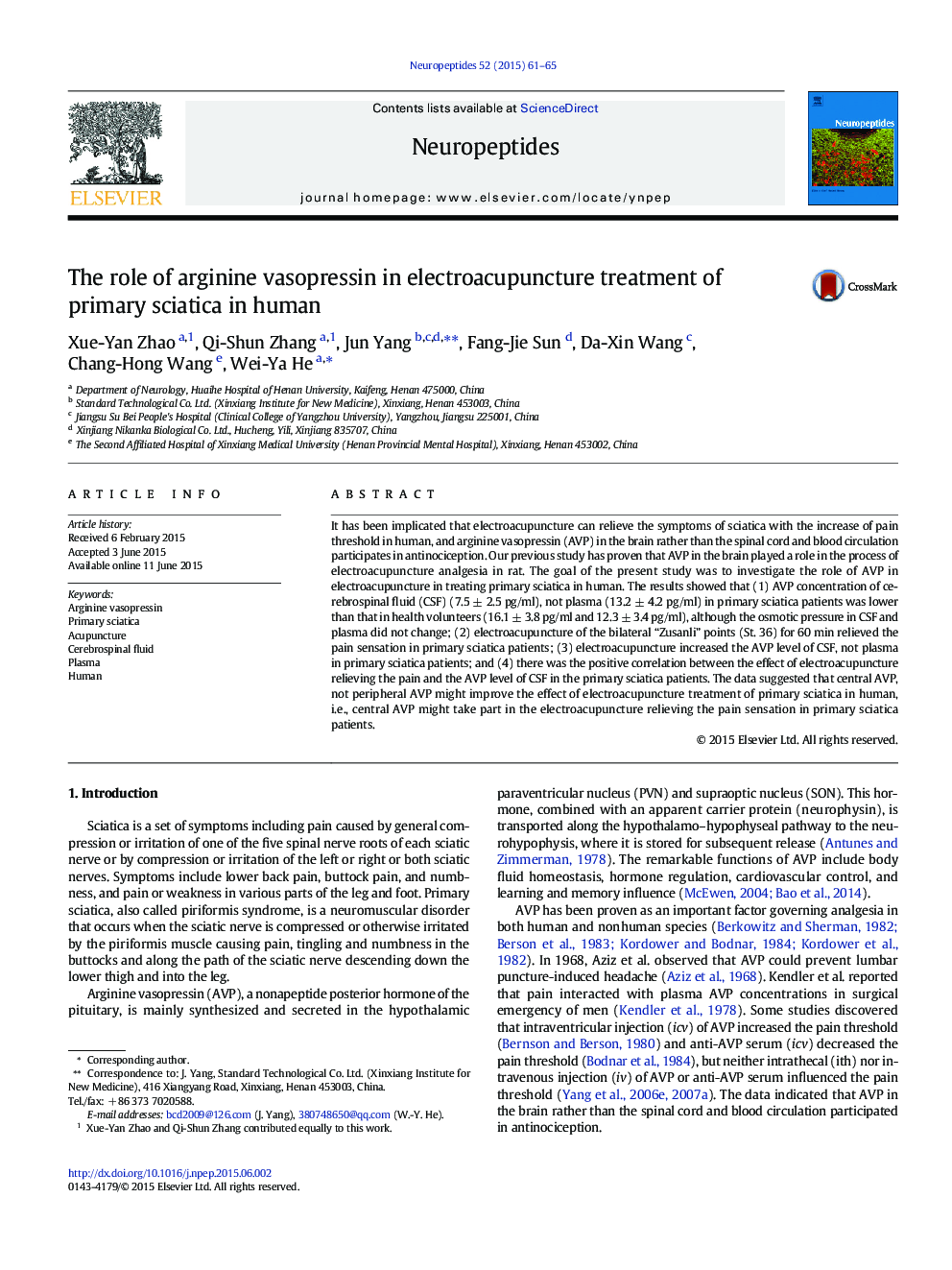 The role of arginine vasopressin in electroacupuncture treatment of primary sciatica in human