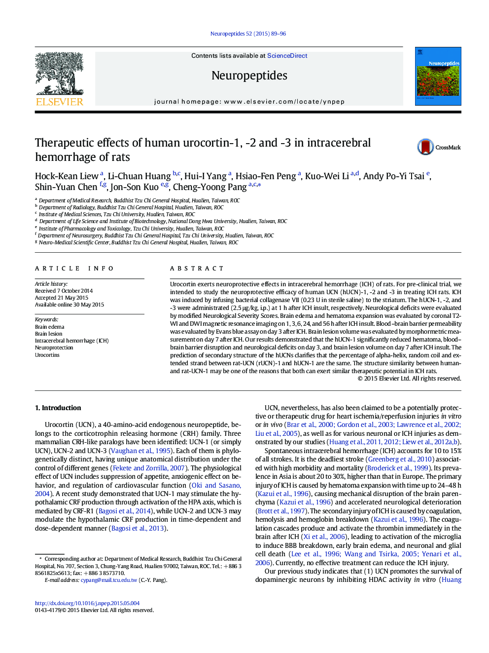 Therapeutic effects of human urocortin-1, -2 and -3 in intracerebral hemorrhage of rats