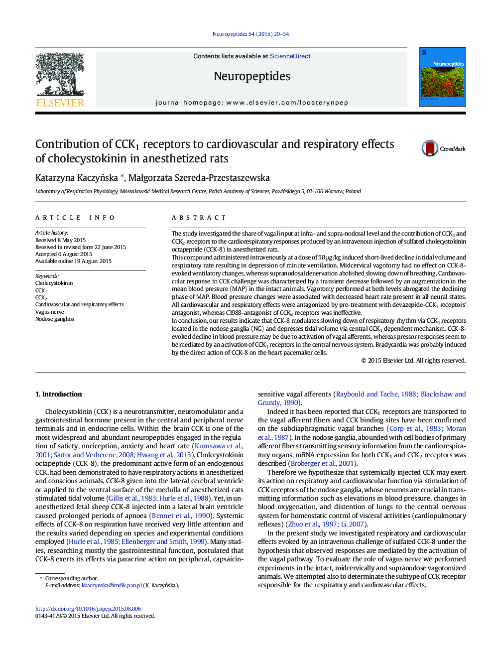 Contribution of CCK1 receptors to cardiovascular and respiratory effects of cholecystokinin in anesthetized rats