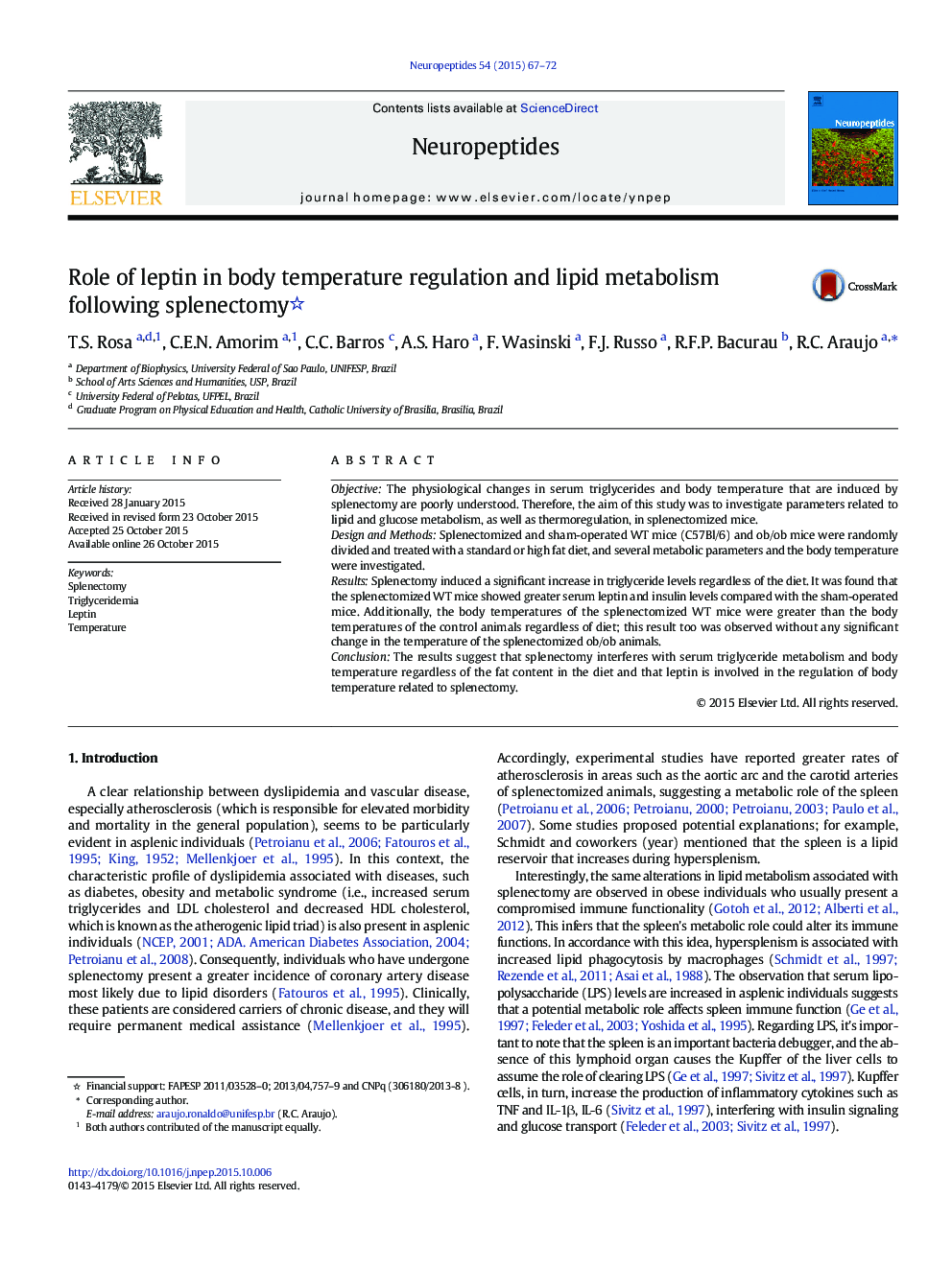 Role of leptin in body temperature regulation and lipid metabolism following splenectomy 