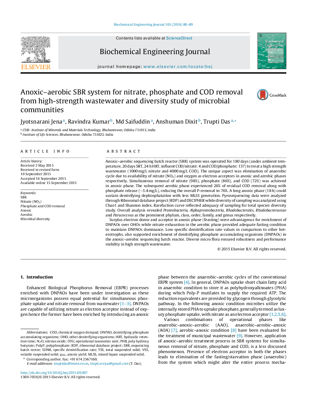 Anoxic–aerobic SBR system for nitrate, phosphate and COD removal from high-strength wastewater and diversity study of microbial communities