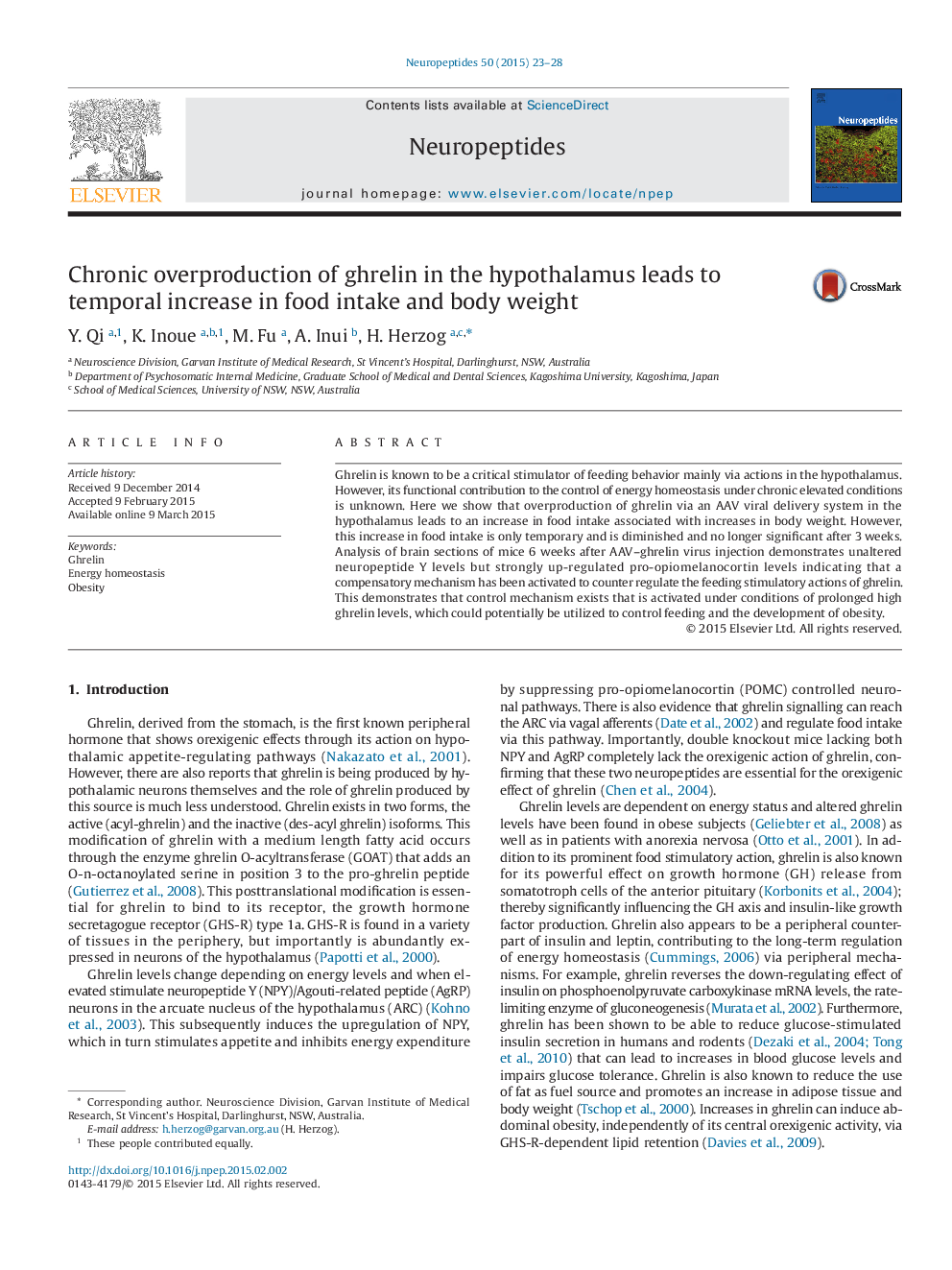 Chronic overproduction of ghrelin in the hypothalamus leads to temporal increase in food intake and body weight