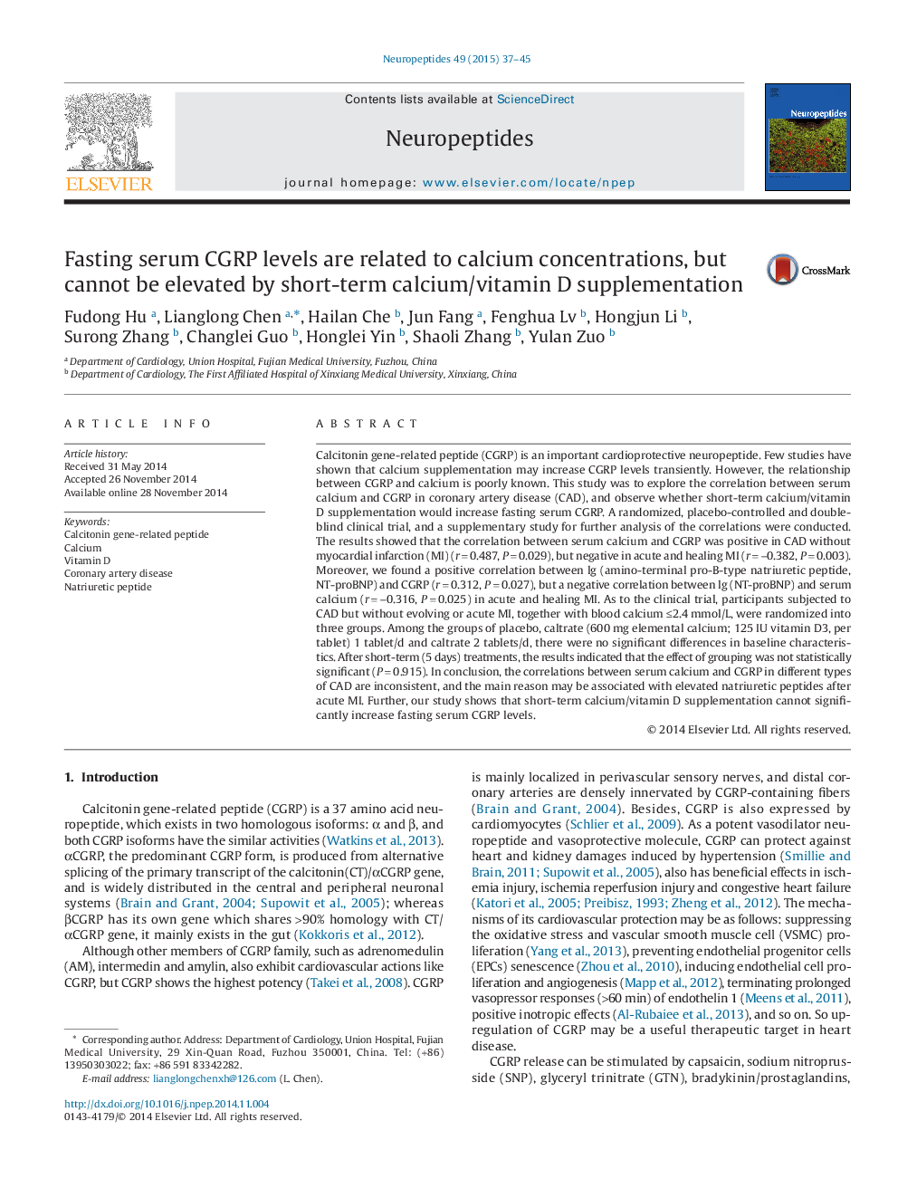 Fasting serum CGRP levels are related to calcium concentrations, but cannot be elevated by short-term calcium/vitamin D supplementation