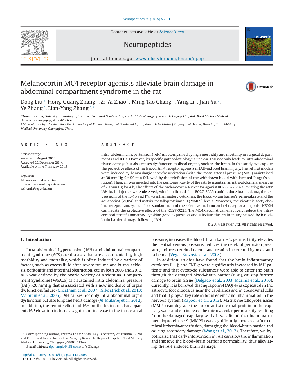 Melanocortin MC4 receptor agonists alleviate brain damage in abdominal compartment syndrome in the rat