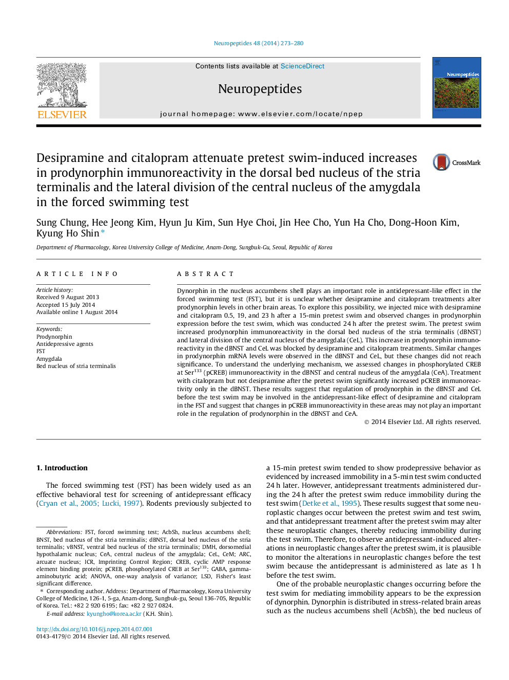 Desipramine and citalopram attenuate pretest swim-induced increases in prodynorphin immunoreactivity in the dorsal bed nucleus of the stria terminalis and the lateral division of the central nucleus of the amygdala in the forced swimming test