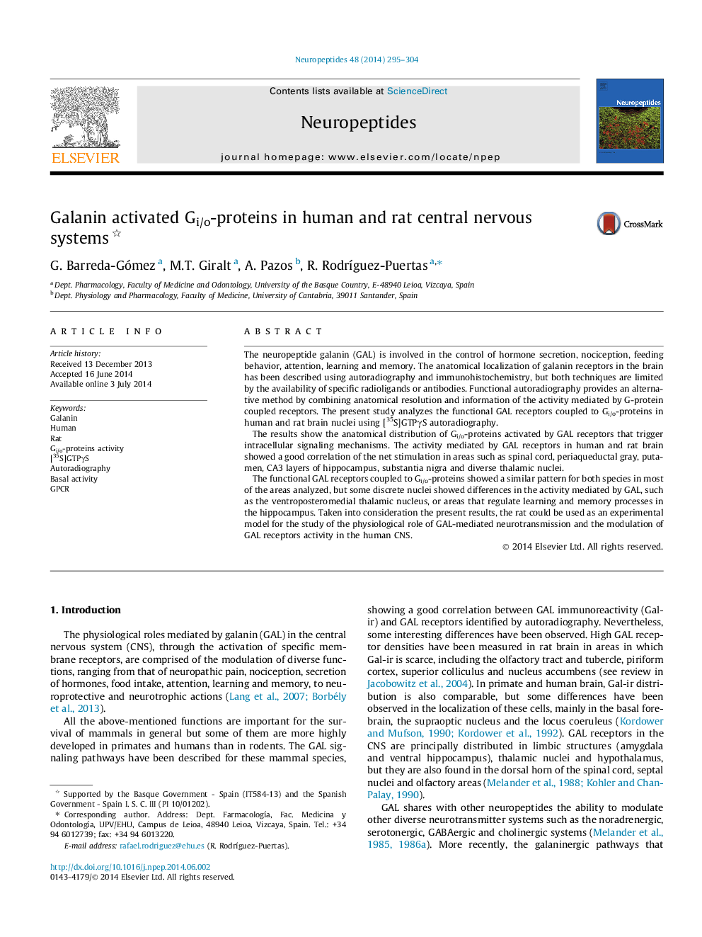 Galanin activated Gi/o-proteins in human and rat central nervous systems 