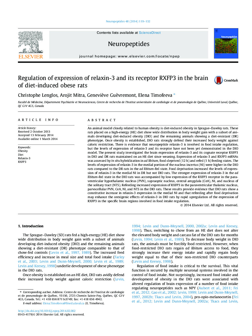 Regulation of expression of relaxin-3 and its receptor RXFP3 in the brain of diet-induced obese rats