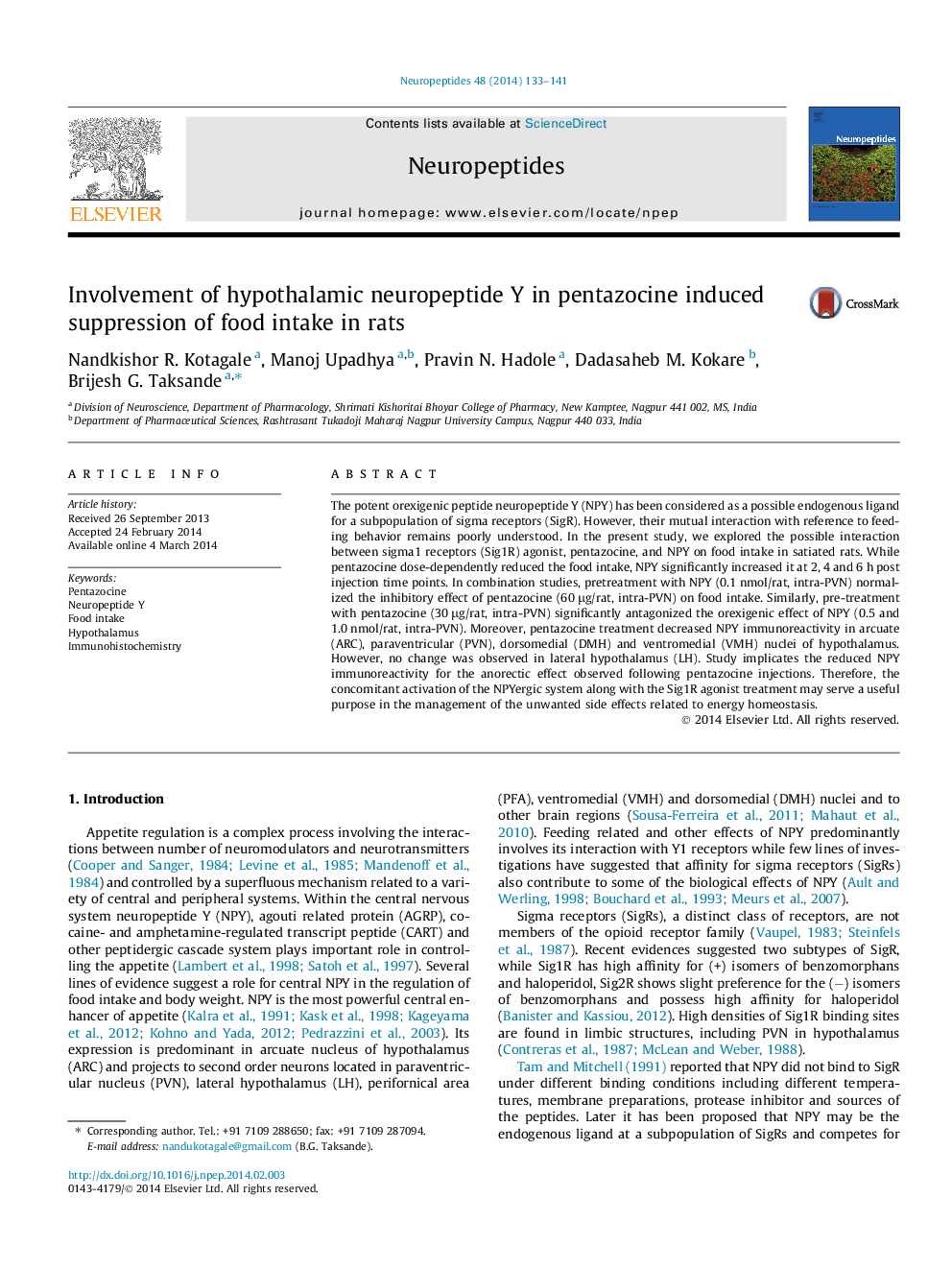 Involvement of hypothalamic neuropeptide Y in pentazocine induced suppression of food intake in rats