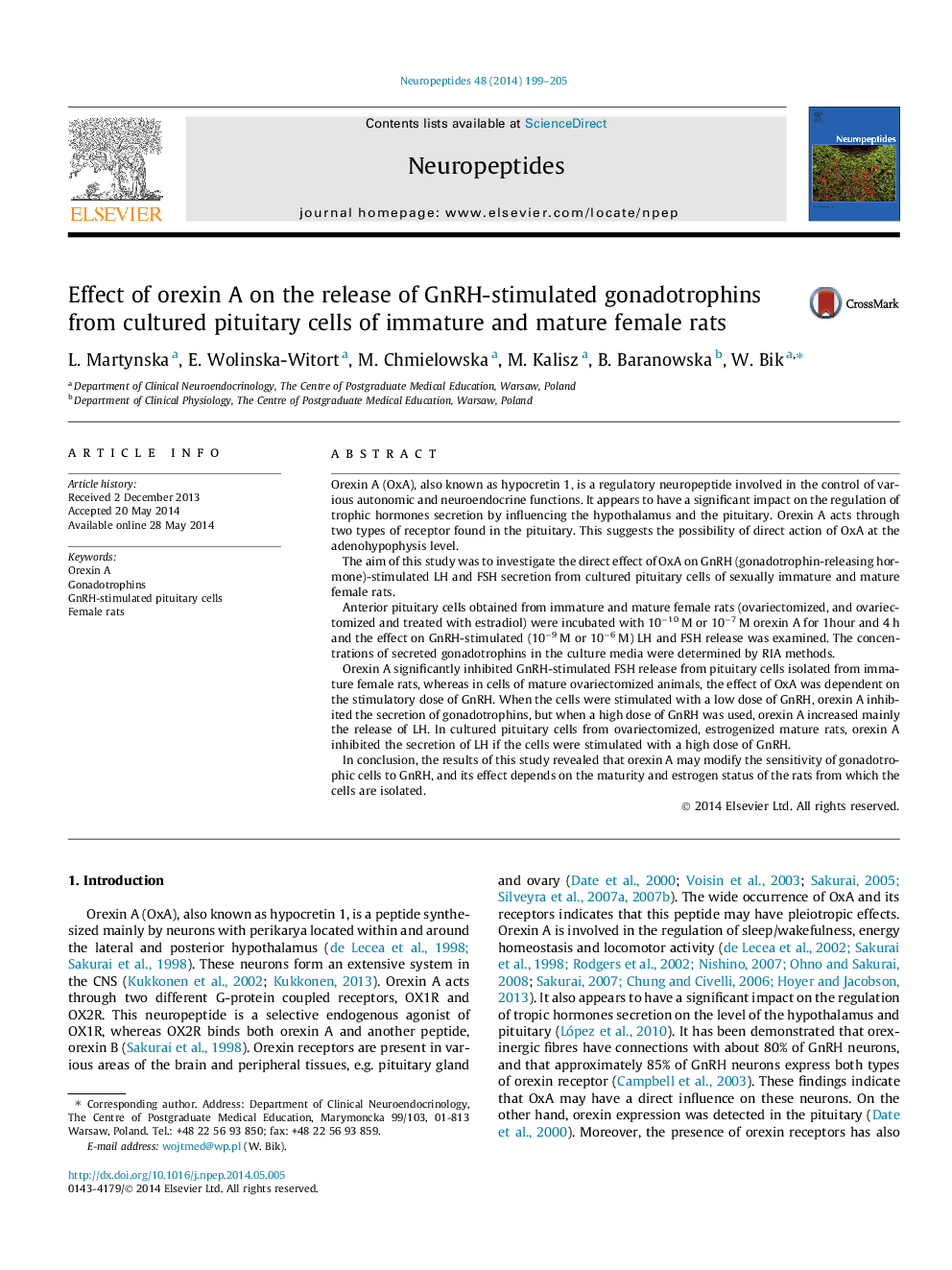 Effect of orexin A on the release of GnRH-stimulated gonadotrophins from cultured pituitary cells of immature and mature female rats