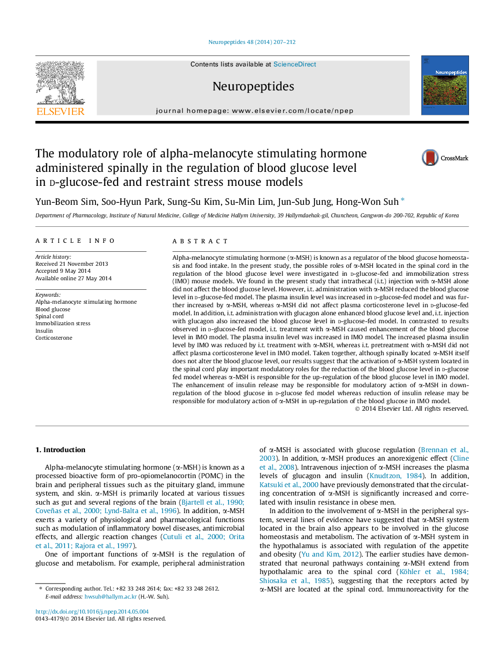 The modulatory role of alpha-melanocyte stimulating hormone administered spinally in the regulation of blood glucose level in d-glucose-fed and restraint stress mouse models