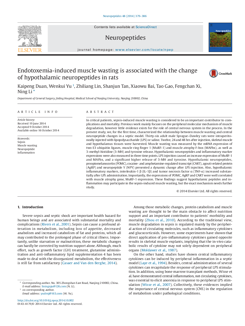 Endotoxemia-induced muscle wasting is associated with the change of hypothalamic neuropeptides in rats