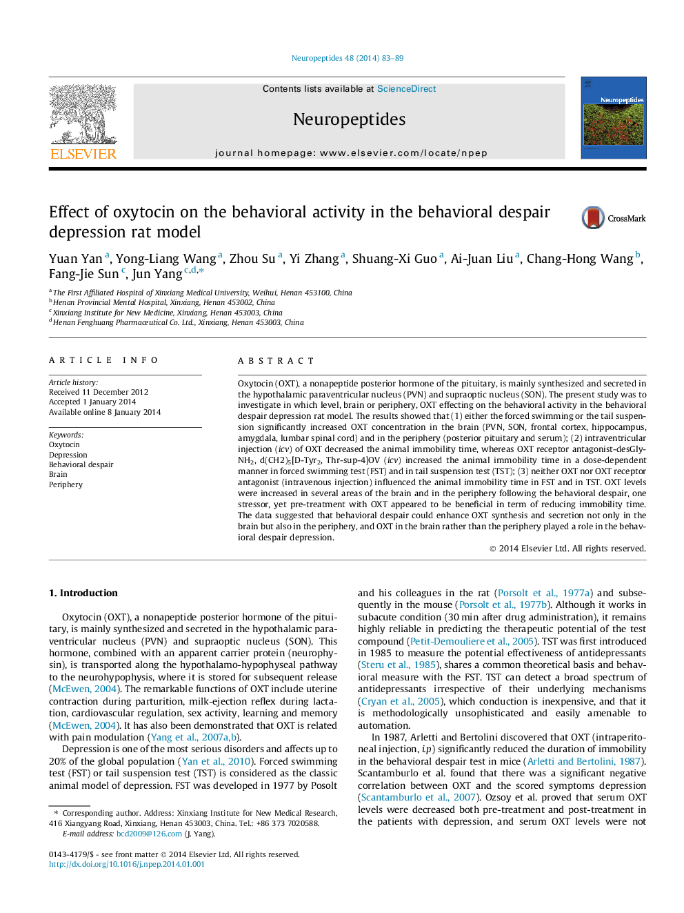 Effect of oxytocin on the behavioral activity in the behavioral despair depression rat model