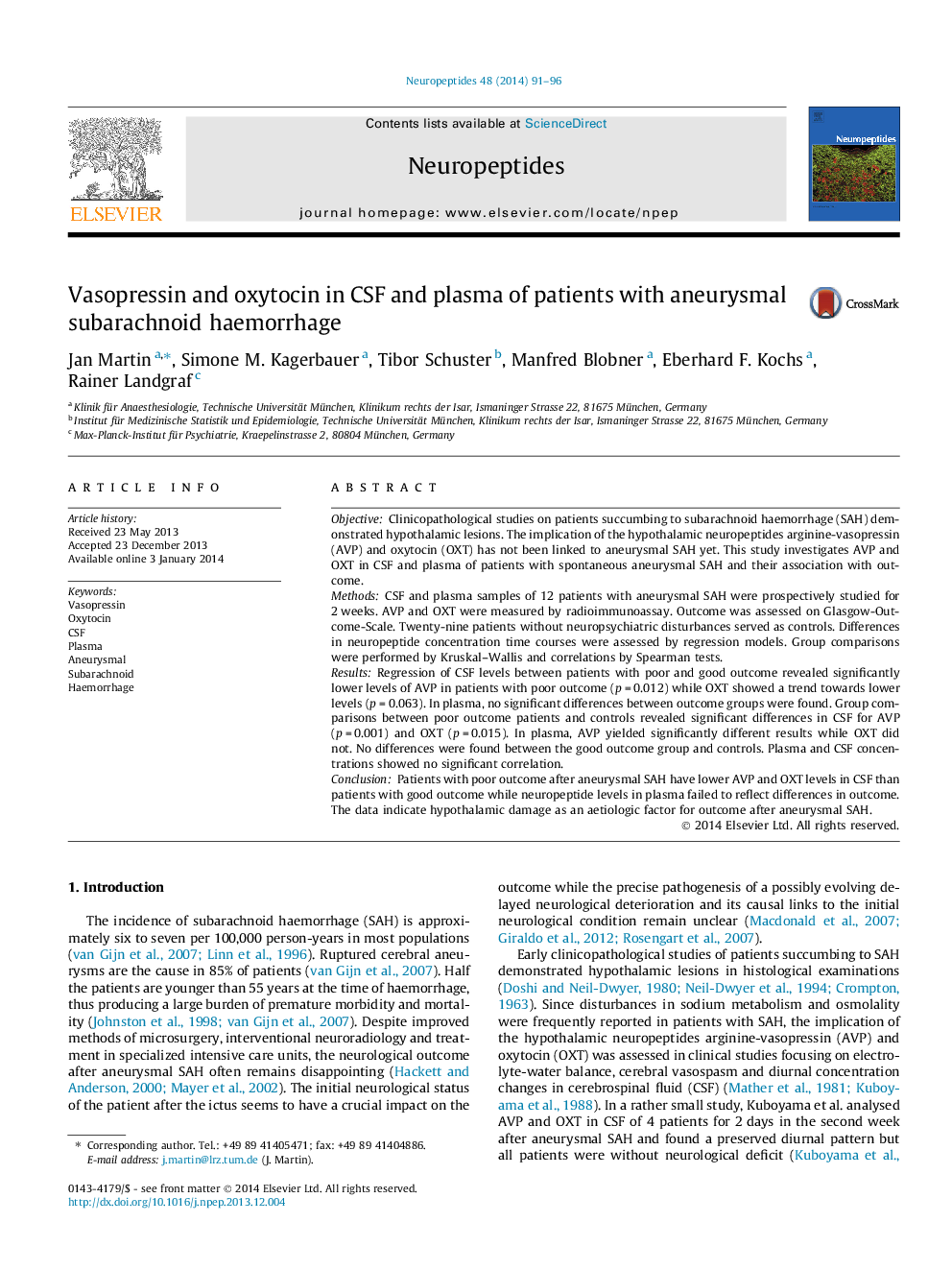 Vasopressin and oxytocin in CSF and plasma of patients with aneurysmal subarachnoid haemorrhage