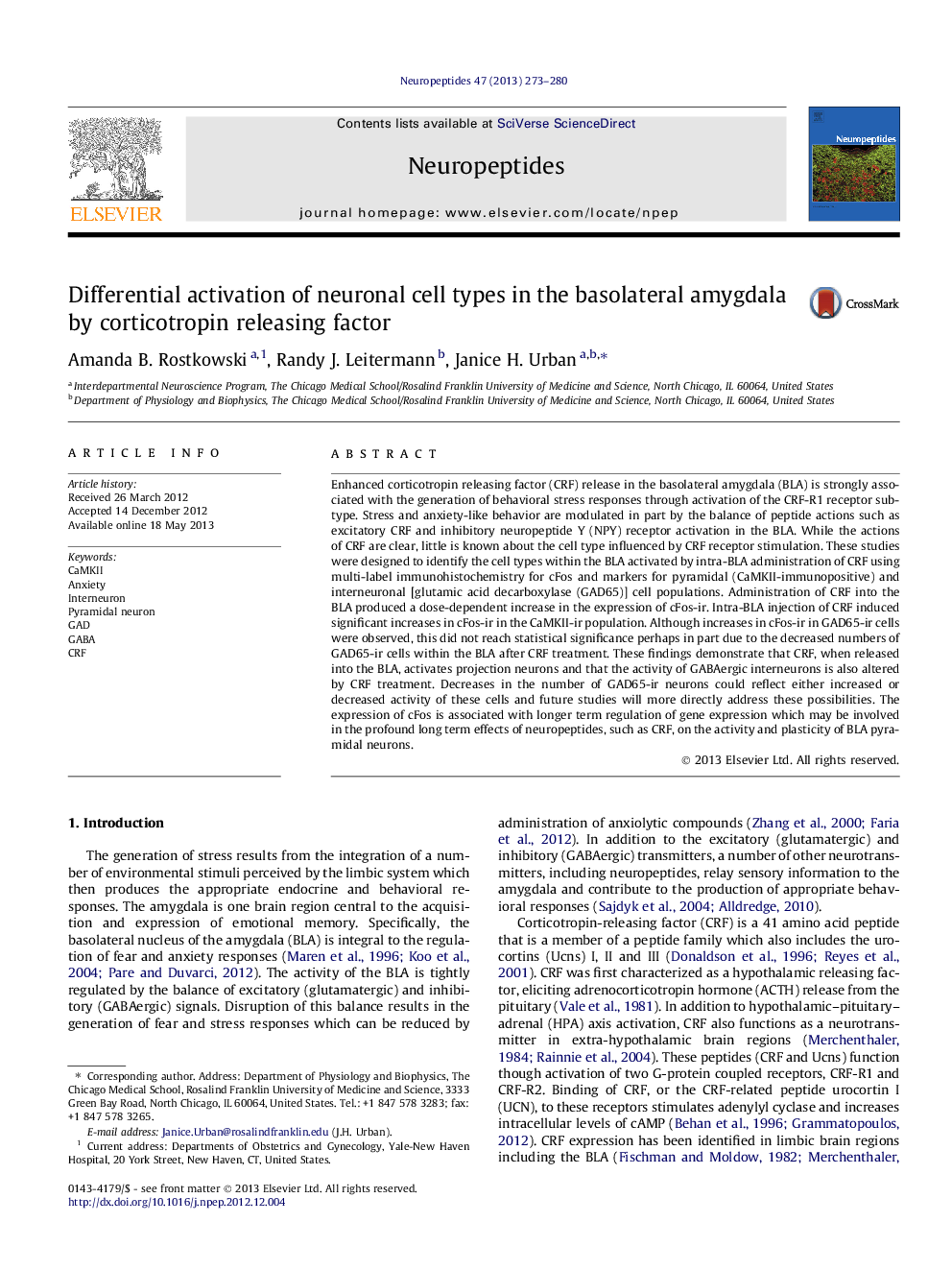 Differential activation of neuronal cell types in the basolateral amygdala by corticotropin releasing factor