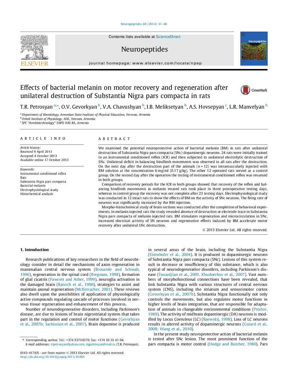 Effects of bacterial melanin on motor recovery and regeneration after unilateral destruction of Substantia Nigra pars compacta in rats