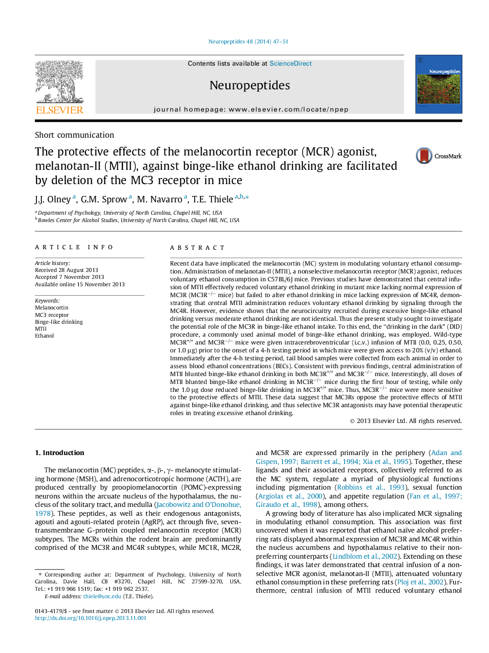 The protective effects of the melanocortin receptor (MCR) agonist, melanotan-II (MTII), against binge-like ethanol drinking are facilitated by deletion of the MC3 receptor in mice