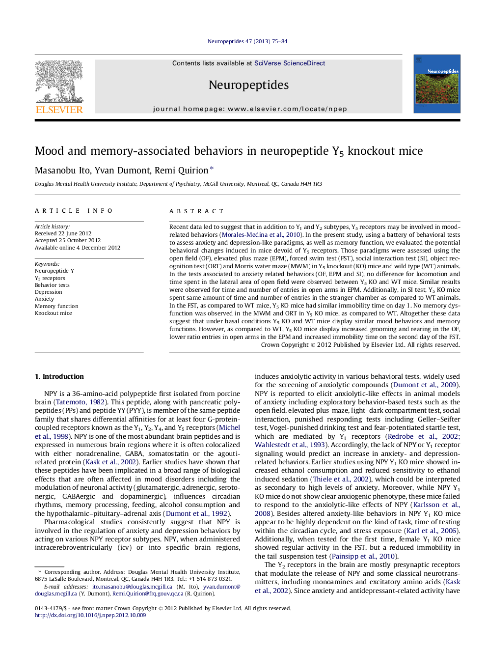 Mood and memory-associated behaviors in neuropeptide Y5 knockout mice