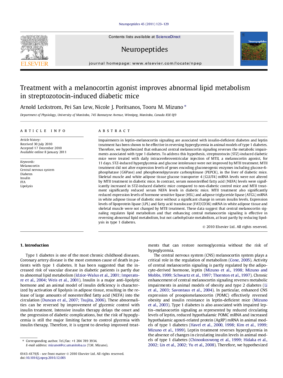 Treatment with a melanocortin agonist improves abnormal lipid metabolism in streptozotocin-induced diabetic mice