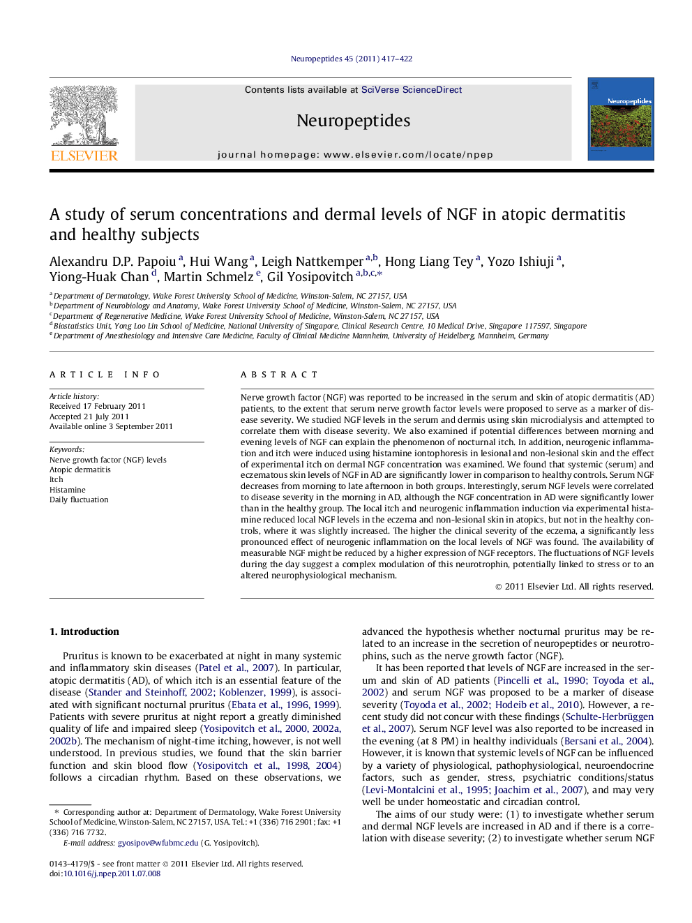 A study of serum concentrations and dermal levels of NGF in atopic dermatitis and healthy subjects