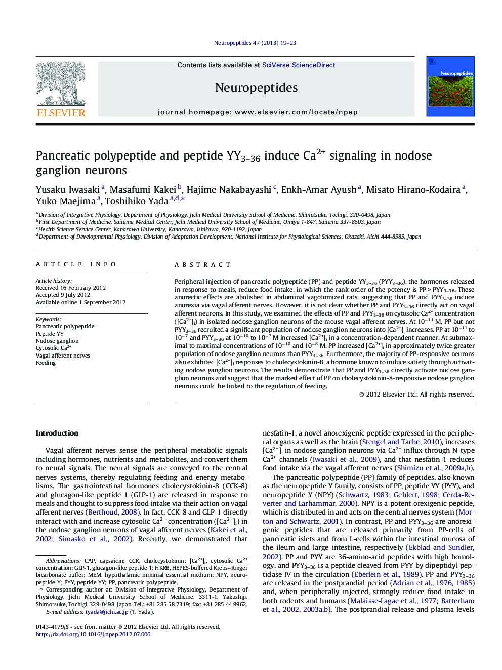 Pancreatic polypeptide and peptide YY3–36 induce Ca2+ signaling in nodose ganglion neurons