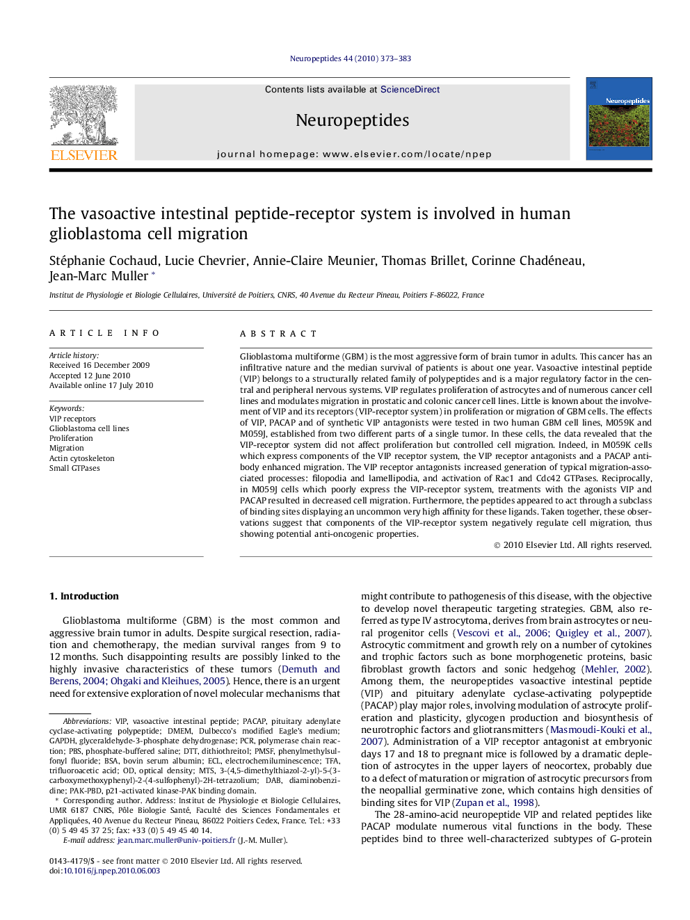 The vasoactive intestinal peptide-receptor system is involved in human glioblastoma cell migration