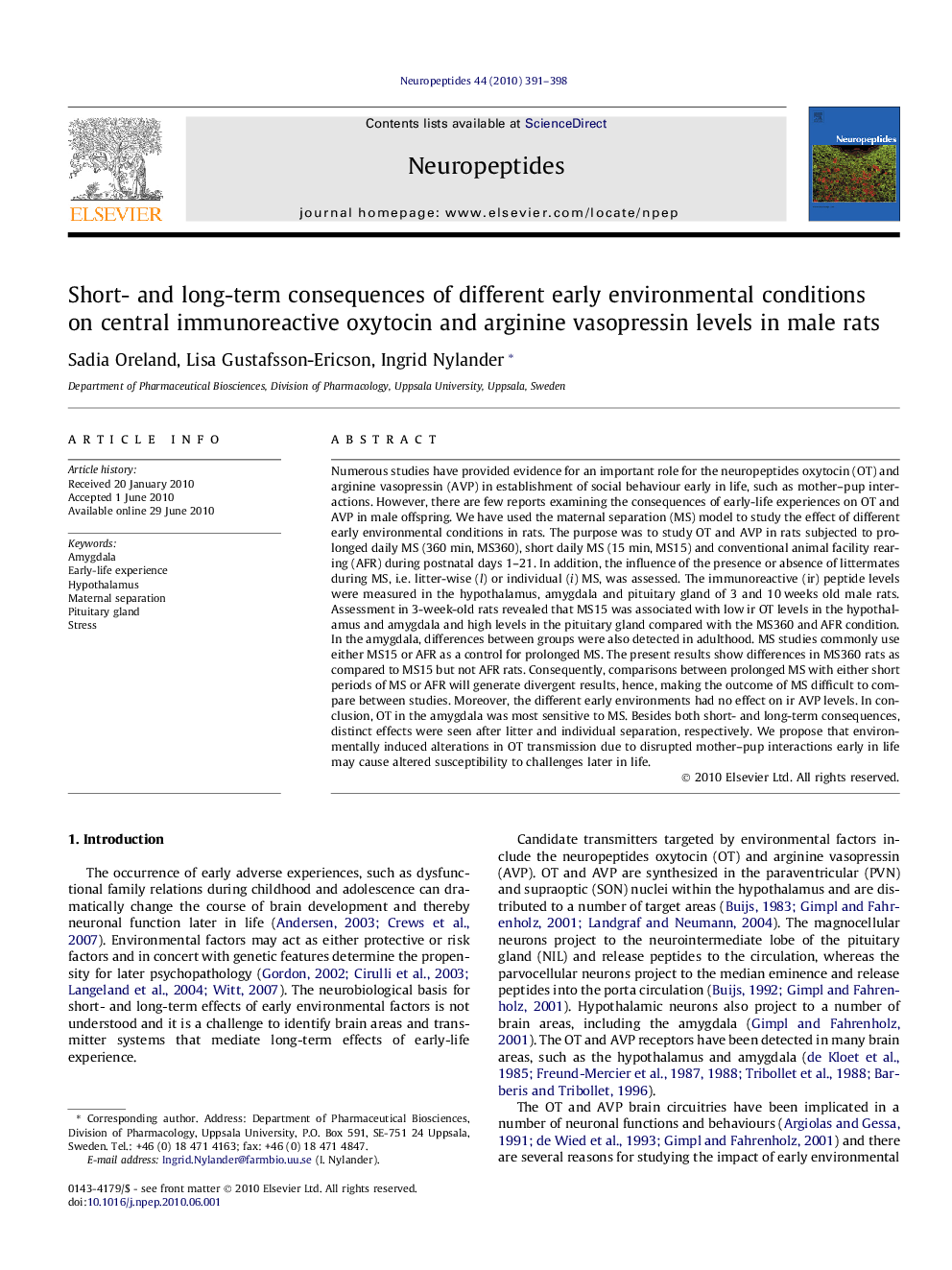 Short- and long-term consequences of different early environmental conditions on central immunoreactive oxytocin and arginine vasopressin levels in male rats