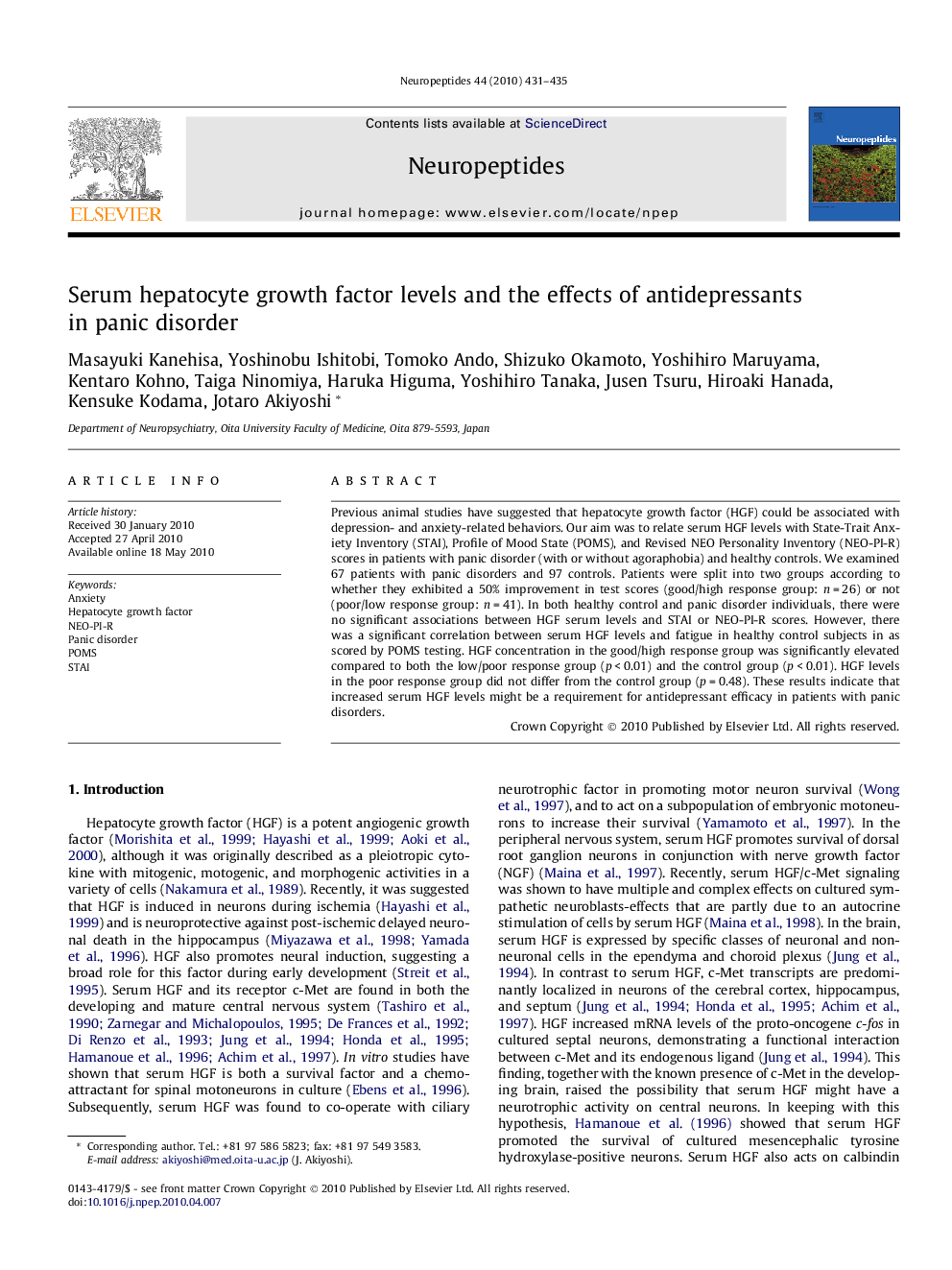 Serum hepatocyte growth factor levels and the effects of antidepressants in panic disorder