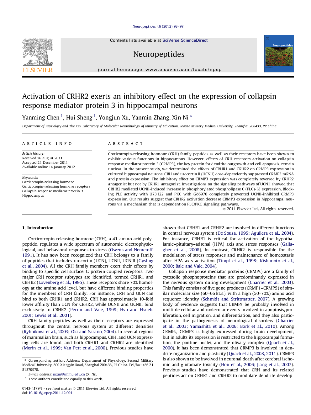 Activation of CRHR2 exerts an inhibitory effect on the expression of collapsin response mediator protein 3 in hippocampal neurons