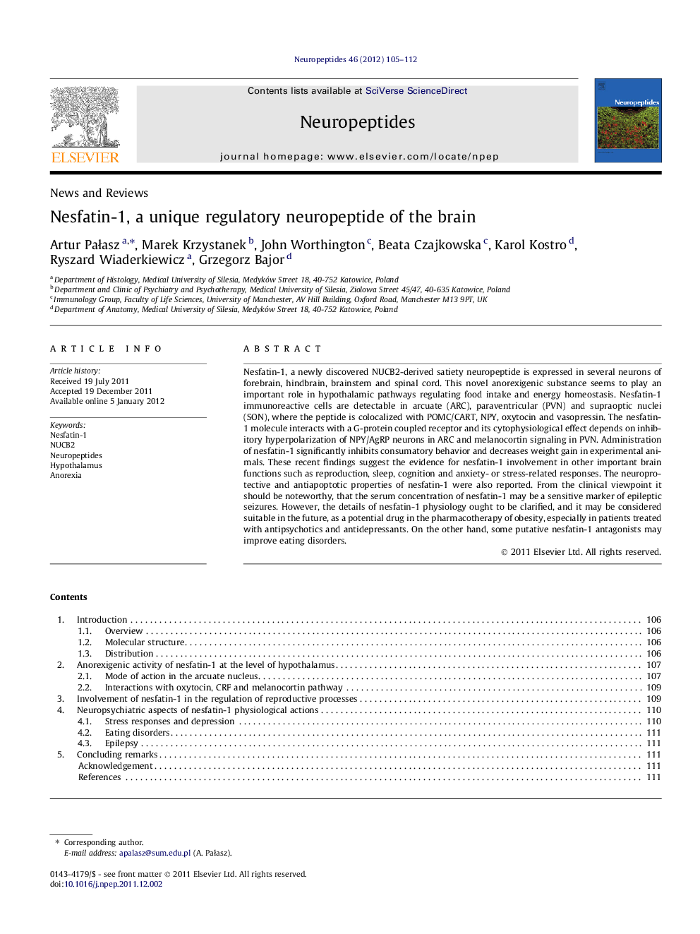 Nesfatin-1, a unique regulatory neuropeptide of the brain