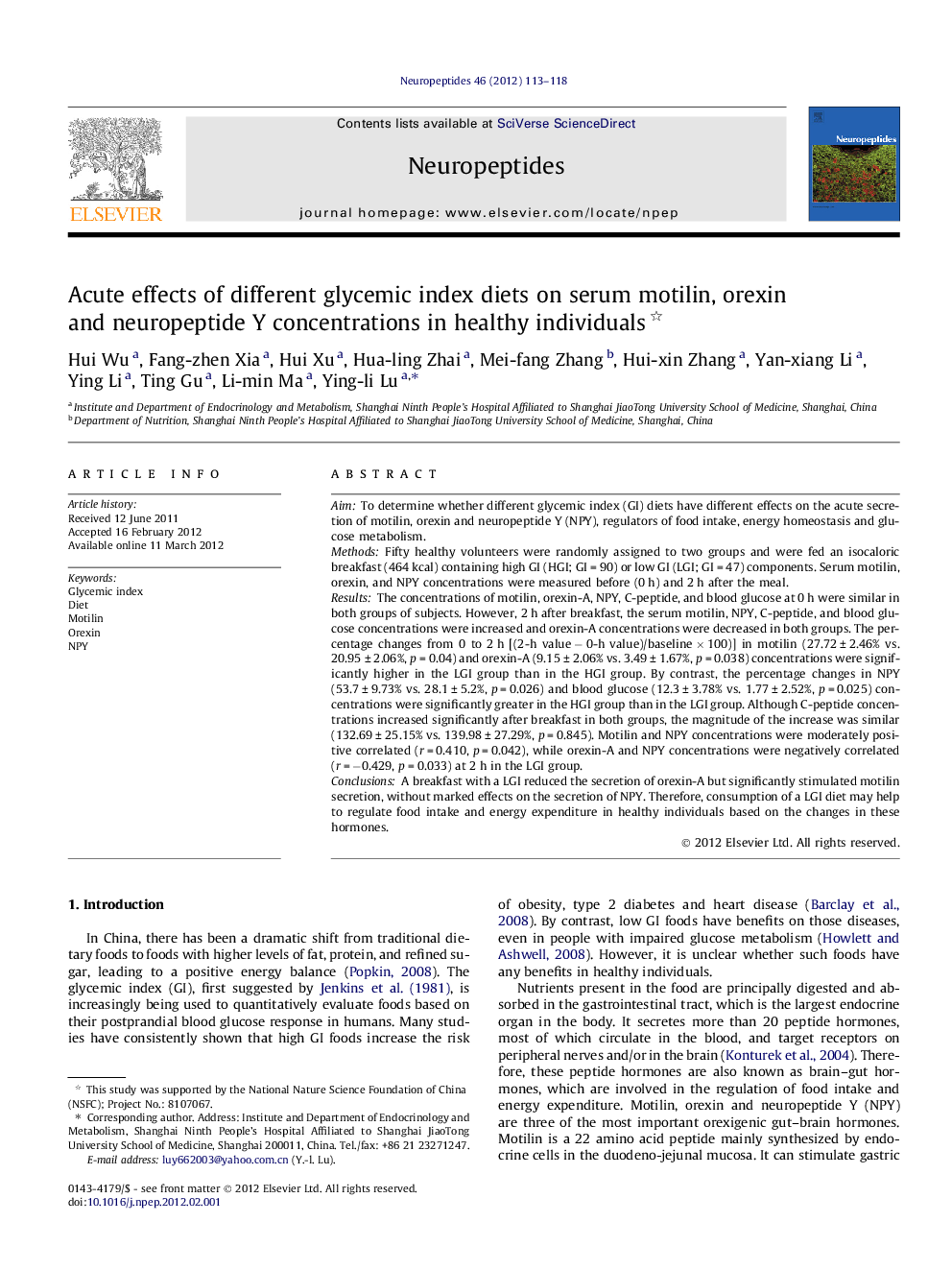 Acute effects of different glycemic index diets on serum motilin, orexin and neuropeptide Y concentrations in healthy individuals 