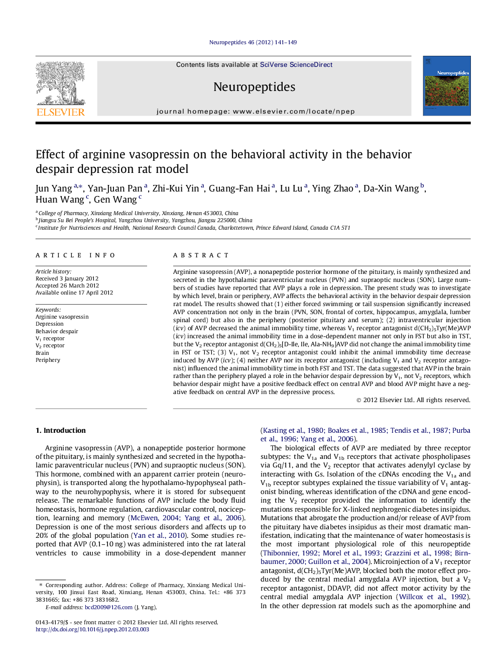 Effect of arginine vasopressin on the behavioral activity in the behavior despair depression rat model