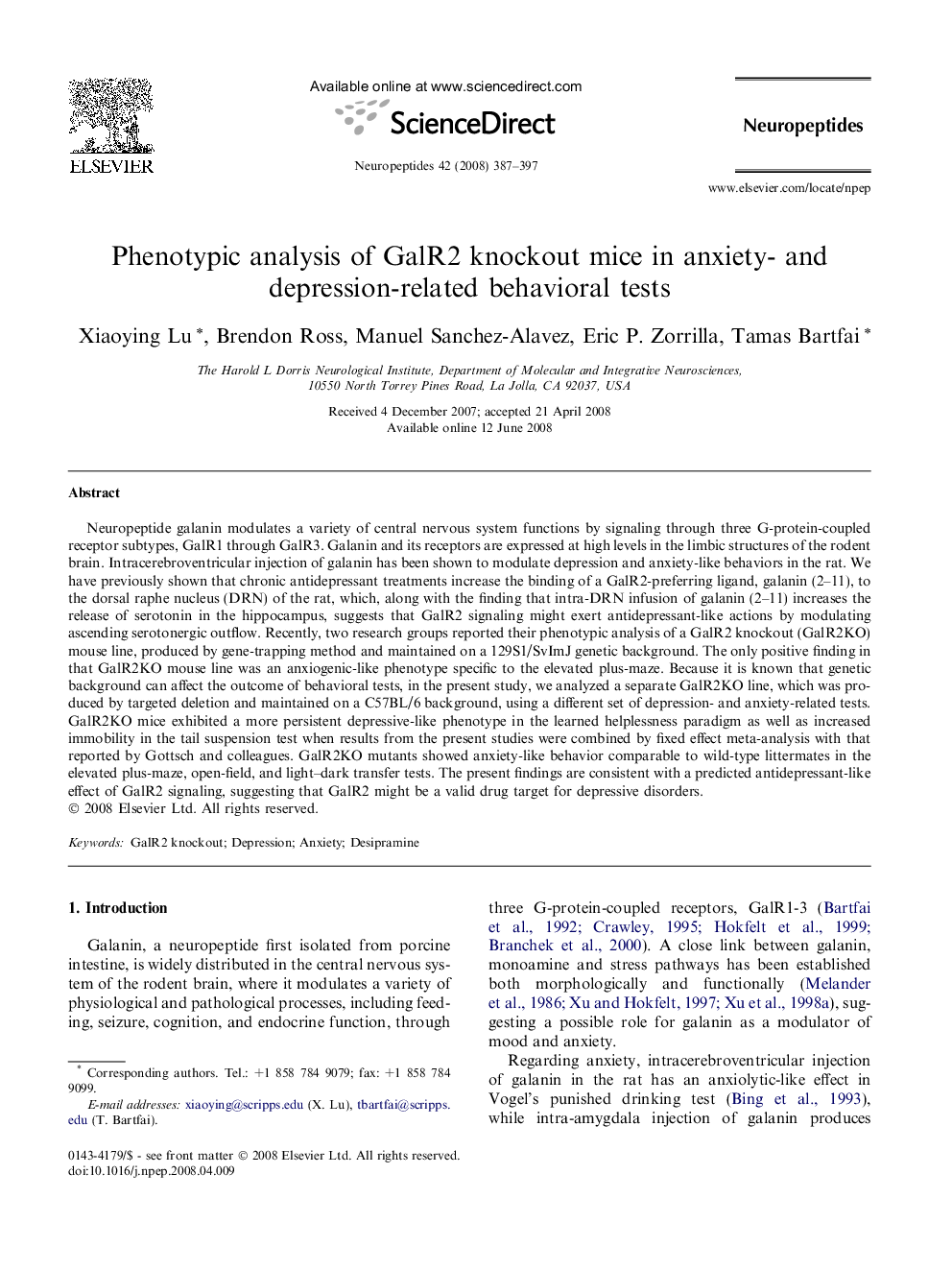 Phenotypic analysis of GalR2 knockout mice in anxiety- and depression-related behavioral tests