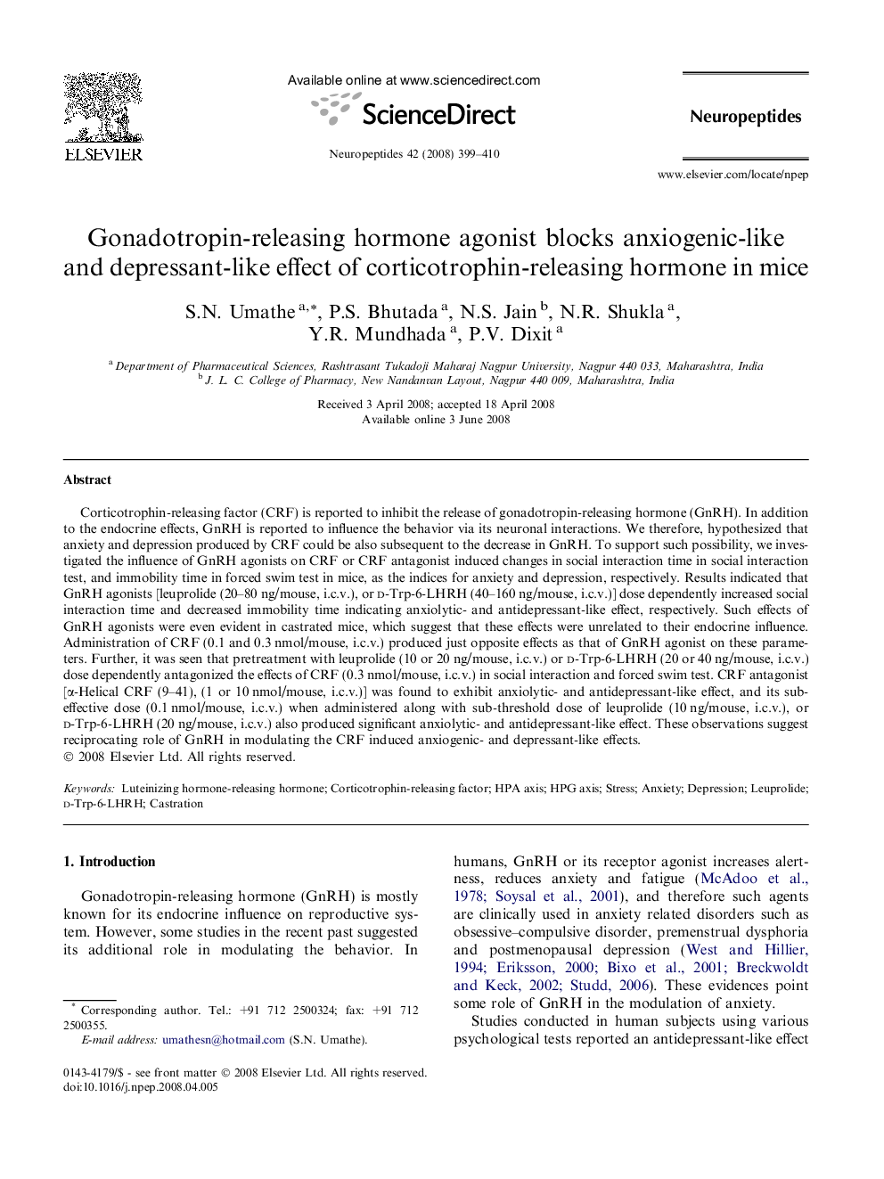 Gonadotropin-releasing hormone agonist blocks anxiogenic-like and depressant-like effect of corticotrophin-releasing hormone in mice