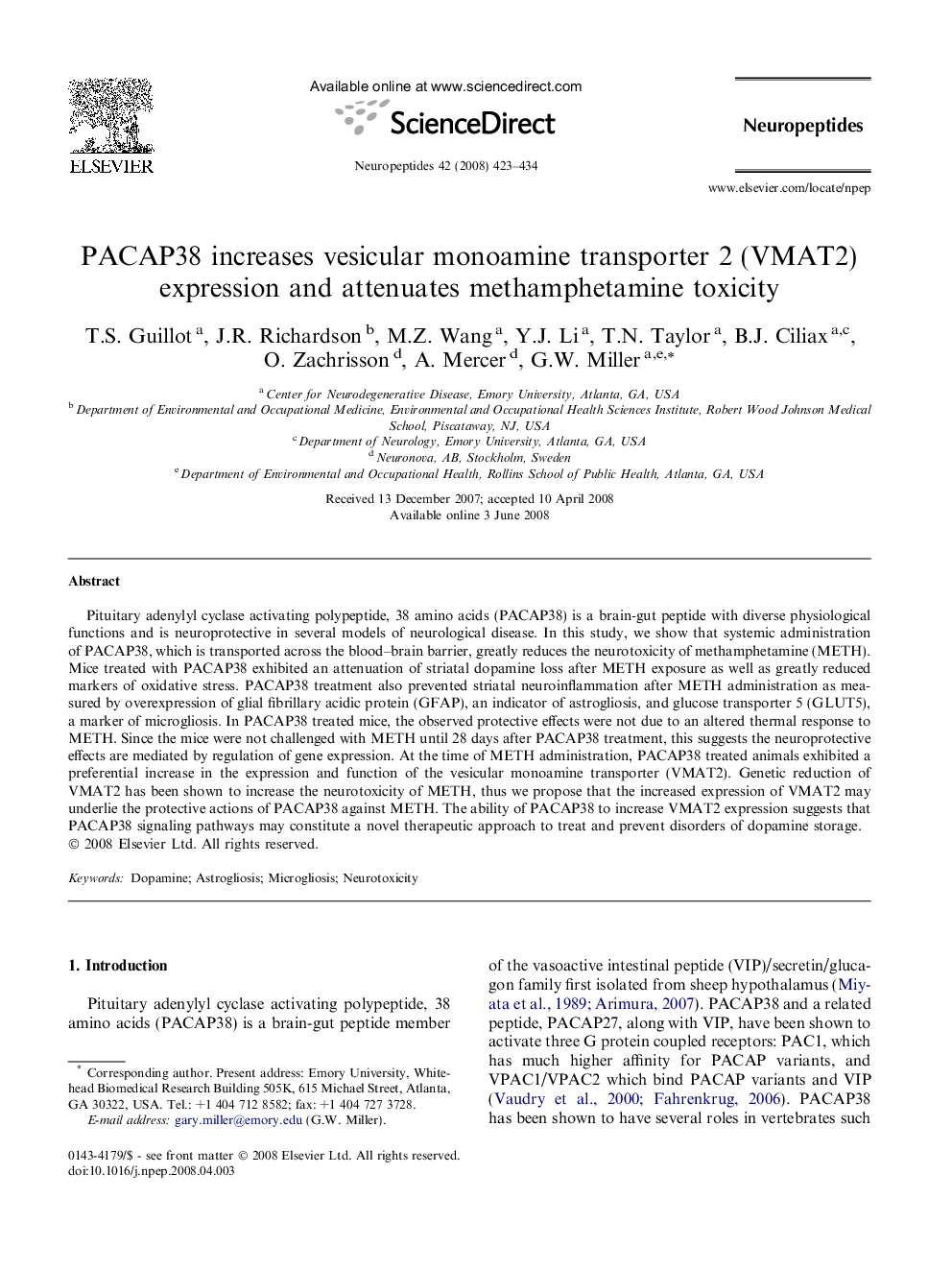 PACAP38 increases vesicular monoamine transporter 2 (VMAT2) expression and attenuates methamphetamine toxicity